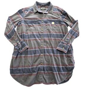Carhartt Rugged Flex Men's Flannel Shirt Grey Red Blue Stripe XXL Long‎ Sleeve
